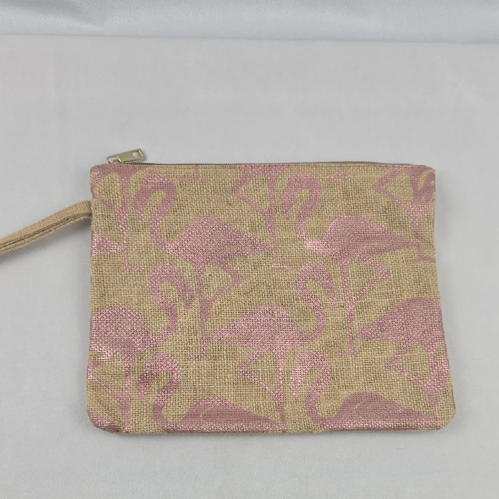NWOT Pink‎ Flamingo Print 100% Jute Clutch